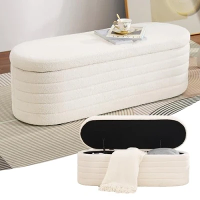 Abbildung von LEUTED Sitzbank mit Stauraum, Schuhbank Sitzfläche, Teddystoff Sitzhocker, Moderner Sitztruhe großem Stauraum Aufbewahrungsbox, Sitzbox für Schlafzimmer Wohnzimmer Weiß