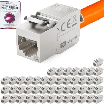 Abbildung von hb digital 48x CAT 6a Keystone RJ45 Modul Buchse für LAN Kabel GHMT Zertifiziert 10 Gbit/s bis 500 MHz AWG 22 24 werkzeuglos LSA vollgeschirmt STP Einbaubuchse Patchpanel und Netzwerkdose