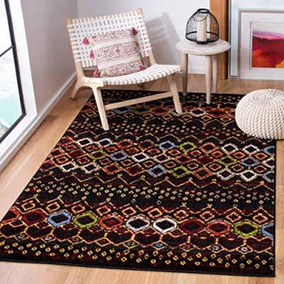 Abbildung von SAFAVIEH Boho Teppich für Wohnzimmer, Esszimmer, Schlafzimmer Amsterdam Collection, Kurzer Flor, Schwarz und Multi, 155 X 229 cm