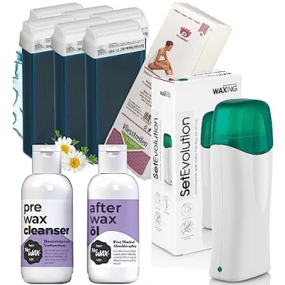 Abbildung von Kosmetex Waxing Set Azulen für Haarentfernung, 6x Wachspatronen Kit Roll On, Wachswärmer Gerät, Vliesstreifen, Mr. Wax Haut Reiniger, After Öl je 150ml