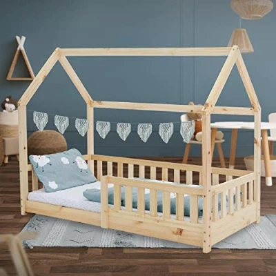 Abbildung von ML DESIGN Kinderbett Hausbett Spielbett inkl. Lattenrost kreativ Bodenbett für Kinder, Abenteuerbett mit Rausfallschutz Kiefer Natur Himmelbett