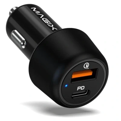 Abbildung von Magix Dual Port Autoladegerät 38W, USB A QC 3.0 (18W) + C PD (20W), gleichzeitiges Laden von Quick Charge und Power Delivery (Schwarz)