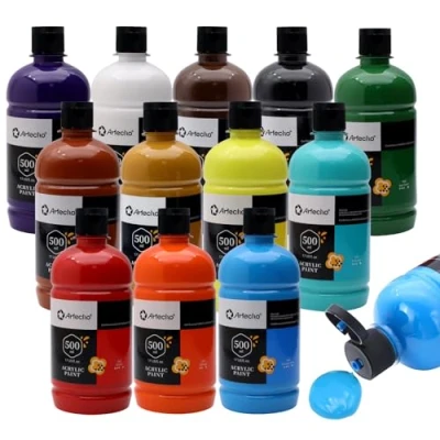 Abbildung von Artecho Acrylfarben Set Professional 12x500 ml, Acrylic Paint Set, Wasserfest und Lichtecht, Schnell Trocknend, Ideal für Leinwand, Holz, Stoff, Handwerk, Leder Stein.