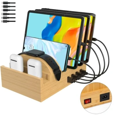 Abbildung von Ladestation für mehrere Geräte, Alltripal Bambus 7 Port Handy 50W USB Ladegerät Schnelles Charger Organizer Kompatibel mit