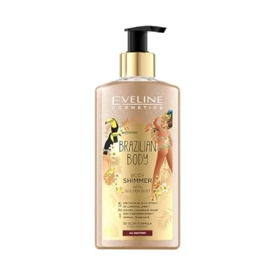 Abbildung von Eveline Cosmetics Brazilianische Körperlotion Shimmer mit Goldglitter &amp; natürlichen Ölen wie Argan, Macadamia und mehr