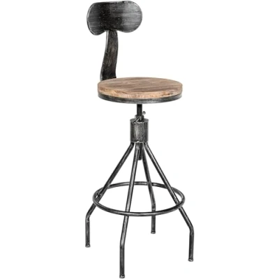Abbildung von CLP Barhocker Hanam Im Industrial Look I Höhenverstellbarer Mit Holzsitz Und Rückenlehne Metallhocker Fußablage, Farbe:antik Silber