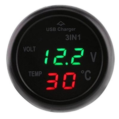 Abbildung von Ymiko Autothermometer Voltmeter Zigarettenanzünder Mit USB Autoladegerät, 3 Zoll Dual LED Anzeige Digital Thermometer Autoladegerät PKW(rot grün)