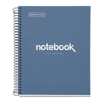 Abbildung von Miquelrius Notizbuch A5 Notebook, 1 farbiger Streifen, 80 Blatt mit raster 5 x mm, Papier 90 g/m² mikroperforiert 2 Bohrungen für Ringe, Einband aus Karton, Farbe Marineblau