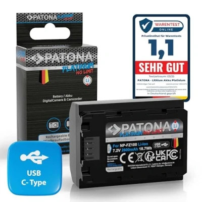 Abbildung von PATONA Platinium NP FZ100 Akku 2600mAh USB C Input kompatibel mit Sony NPFZ100 Alpha 6600 6700 A6600 A6700 A1 A9 9R 9S II A7 III IV A7R 7C 7CR 7S 7R A7III V R3 R4 FX3 FX30 A7C2 A7R3