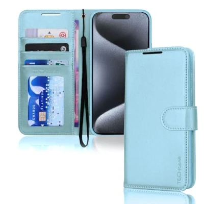 Abbildung von TECHGEAR hülle iPhone 15 Pro Max Leder klappbar, PU Flip Schutzhülle Ledertasche [Brieftasche] Handyhülle mit Ständer und Handschlaufe Hellblau Kompatible