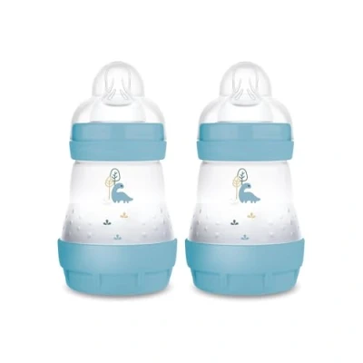 Abbildung von MAM Easy Start Anti Colic Babyflasche im 2er Set (160 ml), besonders gut akzeptierte Milchflasche, Baby Trinkflasche mit Bodenventil gegen Koliken und Sauger Größe 1, 0+ Monate, Dino