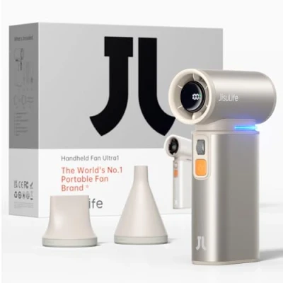 Abbildung von JISULIFE 2 in 1 Mini Ventilator mit Air Duster Funktion, Powerful Reiseventilator, Stilvoller Mentaler Klein, Hand Ventilatoren1100 Geschwindigkeiten, LED Anzeige Ventilatoren Braun