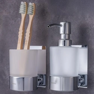 Abbildung von Dolvhin Seifenspender und Zahnputzbecher Set, Glas Handseifenspender &amp; Zahnbecher, (Seifenspender Set inkl. extra starkem 3M Klebestreifen), 250ml Milchglas herausnehmbarer Zahnbecher Trennfach