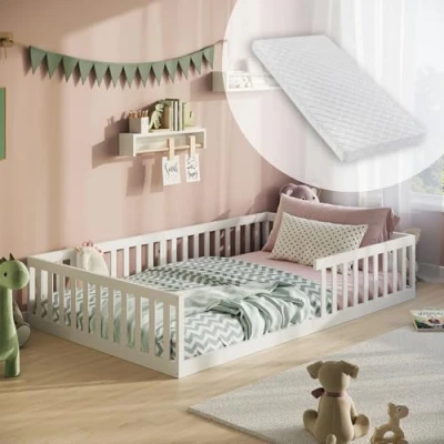 Abbildung von Kinderbett Bodenbett 120x200 cm mit Matratze, Lattenrost &amp; Rausfallschutz Montessori Bett Bed Gitterbett Kinder Jugendbett Einzelbett optional Matratze weiß weitere Größen 90x200 140x200