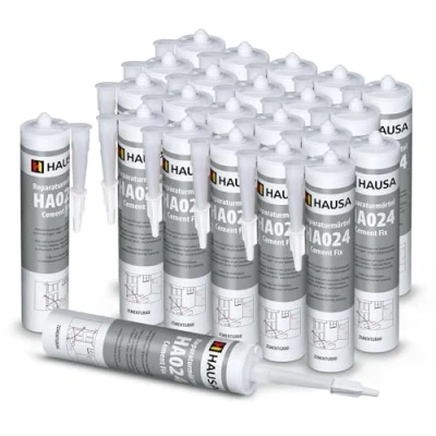 Abbildung von HAUSA Reparatur Mörtel Cement Fix HA024 24x 310ml zementgrau gebrauchsfertiger Fugenmörtel zum Verfugen Füllen Ausbessern von Fugen Brüchen Rissen, Express Zement für Innen &amp; Außen, Dichtmasse