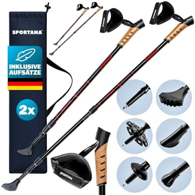 Abbildung von SPORTANA® Nordic Walking Stock Teleskopstock 5 Aufsätze Anti Shock Federung Wandern Wanderstöcke Trekkingstöcke Rot 2er Set