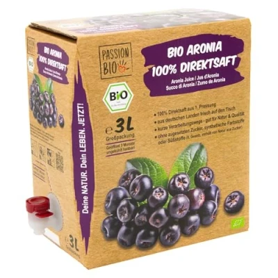 Abbildung von Bio Aronia Direktsaft 3 Liter Box aus deutschem Anbau Aroniasaft 100% Aroniabeeren, 30 Tage Vorratspackung Veganer Saft, ohne zugesetzten Zucker, Süßstoffe (lt. Gesetz)