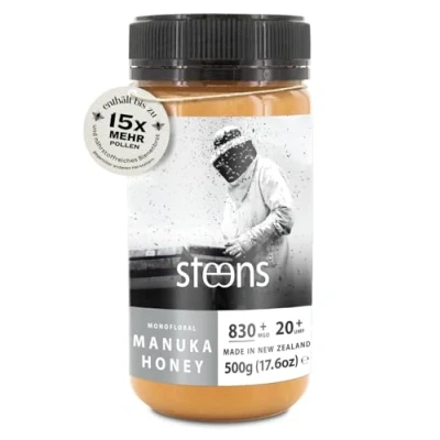 Abbildung von Steens Manuka Honey MGO 830+ 500 g rein roher 100% zertifizierter UMF 20+ über Honig 800 abgefüllt und versiegelt in Neuseeland