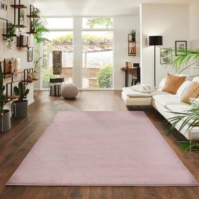 Abbildung von Jimri Flauschiger Teppich Läufer Hochwertige Kurzflor für Zuhause, Büro, Küche, Eingang, Flur, Wohnzimmer Maschinenwaschbar Rutschfester Waschbar 140x200 cm Rosa