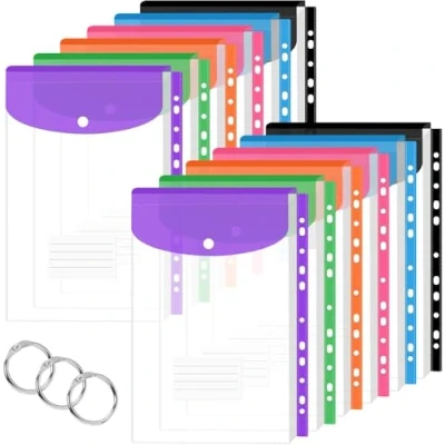 Abbildung von Dokumentenmappe A4 Vakki 12 Stück Transparent Dokumententasche 6 Farben Sichttasche Dokumenten Sammelmappe Tasche mit 11 Lochrand, Druckknopf und Etikettentasche für Organisieren von