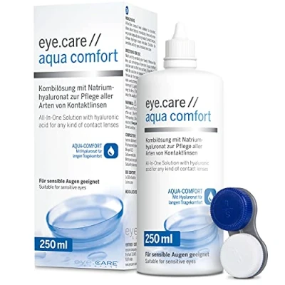 Abbildung von Eye.care Kontaktlinsen Flüssigkeit mit Hyaluron Premium 250ml Pflegemittel für alle weichen inkl. antibakteriellen Behälter