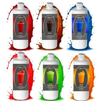 Abbildung von A. Becker&#039;s Slush Eis Sirup Ohne Azofarbstoffe 6x 1L Kirsche, Cola, Blaubeere, Waldmeister, Erdbeere, Orange Konzentrat ergibt 6L Getränkesirup für Maschine und Mixer