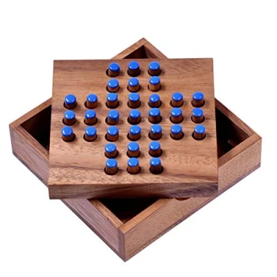 Abbildung von Solitär Gr. S Solitaire Steckspiel Denkspiel Knobelspiel Geduldspiel Logikspiel aus Holz Blaue Stecker