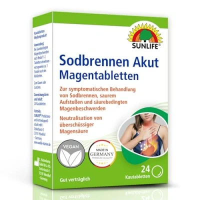 Abbildung von SUNLIFE SUNLIFE® Sodbrennen Akut Magentabletten 24 Stk Verdauungsbeschwerden 1 2 bei Bedarf einnehmen (vorzugsweise Stunde nach den Mahlzeiten)