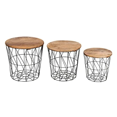 Abbildung von levandeo 3er Set Beistelltisch Metall Metallkorb Schwarz Mango Couchtisch Holz Deckel Deko Aufbewahrung Design Tisch