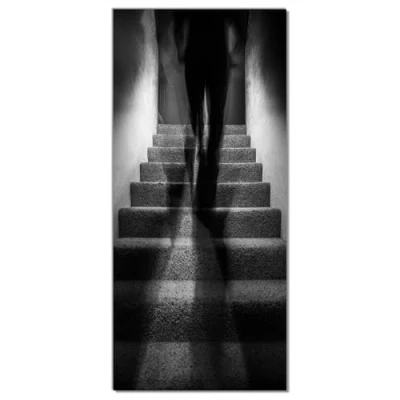 Abbildung von Wallario Selbstklebende Türtapete Mysteriöse Treppe mit Schattenfigur Schwarzweiß Türposter 93 x 205 cm Abwischbar, rückstandsfrei zu entfernen