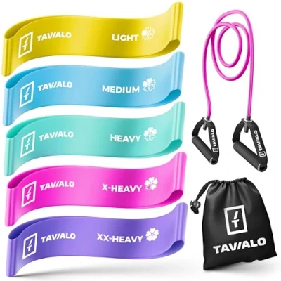 Abbildung von TAVIALO Trainingsbänder Widerstandsbänder 5er Set + Expander, Fitnessbänder, für Krafttraining, Muskelaufbau, Crossfit, Yoga &amp; Physiotherapie