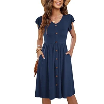 Abbildung von MOLERANI Damen Sommerkleider Rüschen Ärmel V Ausschnitt Casual Swing Elastische Taille Midi Kleid mit Taschen Tiefmarineblau S