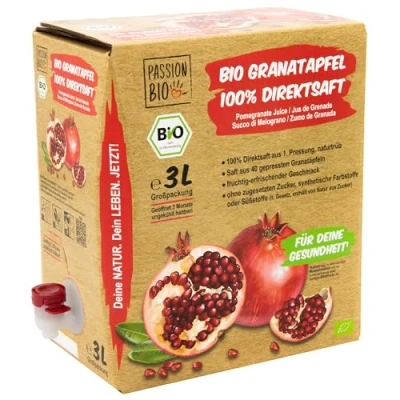Abbildung von Bio Granatapfel Direktsaft 3 Liter Box Muttersaft aus 100% Granatapfel, 30 Tage Vorratspackung Veganer Saft, ohne zugesetzten Zucker, Süßstoffe (lt. Gesetz)