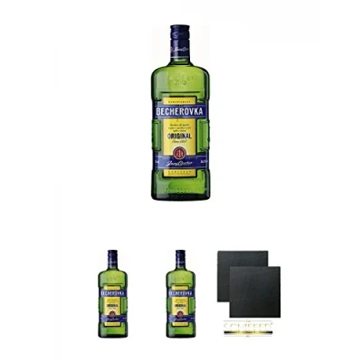 Abbildung von Becherovka Kräuterlikör aus Tschechien 3 x 1,0 Liter + Schiefer Glasuntersetzer eckig ca. 9,5 cm Ø 2 Stück