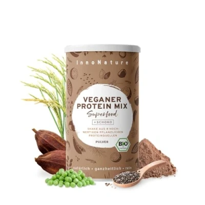 Abbildung von InnoNature Bio Schoko Protein Mix I mit 8 pflanzlichen Proteinquellen und Kakao 450g Vegan &amp; ohne künstliche Süßungsmittel