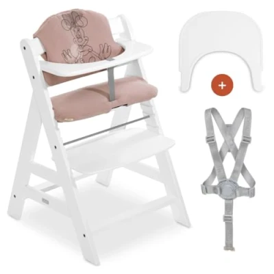 Abbildung von hauck Hochstuhl Alpha Plus Set mit Sitzauflage und Essbrett Click Tray mitwachsender Kinderhochstuhl Kissen Tablett Weiß Minnie Mouse