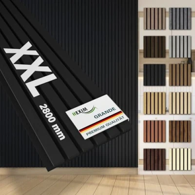 Abbildung von HEXIM Lamellen Grande 280cm Akustikpanelee XXL Wandpaneele 21mm Schalldämmung Echtholzfurnier Akustikfilz Lamellenwand Schwarz (1 Paneel / 0,854m² Black Ash)