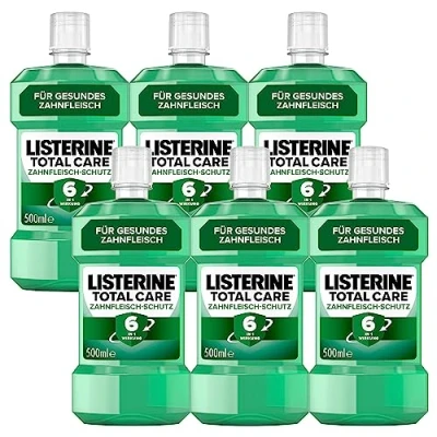 Abbildung von LISTERINE Total Care Zahnfleisch Schutz (6 x 500 ml), antibakterielle Mundspülung mit Fluorid für gesundes Zahnfleisch, Zahnpflege Mundwasser reduziert Zahnbelag 6 in 1 Wirkung