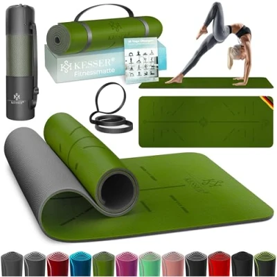 Abbildung von KESSER® Gymnastikmatte mit Tragegurt rutschfest TPE Yogamatte Gepolstert &amp; Fitnessmatte, 183 x 61 Trainingsmatte für Fitness Sportmatte, Pilates Gymnastik + Tasche, extradick