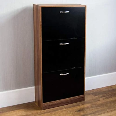 Abbildung von Vida Designs Schuhschrank mit 3 Schubladen, Schuhaufbewahrung, Organizer, ausziehbare Holzmöbel, Holzeinheit, Walnuss und Schwarz