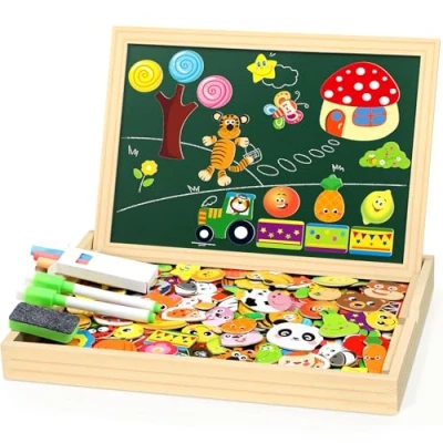 Abbildung von Jojoin 130 Stücke Magnetisches Holzpuzzle 2024 Neu Montessori mit Doppelseitig Magnetisch Wald Bauernhof Obst Bus Kreativ Spielzeug für Kinder