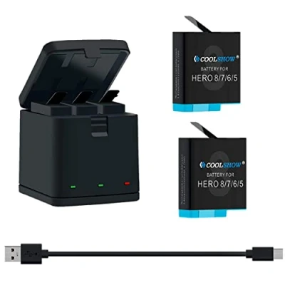 Abbildung von COOLSHOW 2 Akkus mit 3 Kanal USB Speicherladegerät für GoPro Hero 8,Hero 7, 6, 5, 8 Black,Hero 7 Black, 6 5 Black