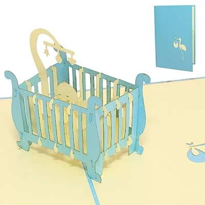 Abbildung von LINPopUp®, LIN17819, Pop Up Karte, Geburt, 3D Karte Glückwunschkarte Geburtskarte Kinderbett Junge Baby, N99