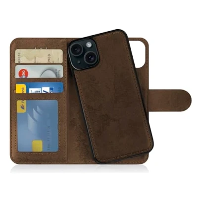 Abbildung von MyGadget Flip Case für iPhone 15 [ abnehmbare Magnet Hülle ] Handyhülle aus Kunstleder Klapphülle mit Kartenfach Schutzhülle in Braun