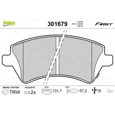 Abbildung von VALEO 301679 Bremsbelagsatz FIRST Vorderachse inkl. Verschleißwarnkontakt ohne Anti Quietsch Blech TOYOTA: Corolla IX Kombi, Schrägheck