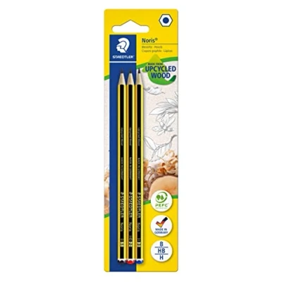 Abbildung von STAEDTLER Bleistift Noris 120, Made from Upcycled Wood, Rutschfeste Soft Oberfläche, hohe Buchfestigkeit, Qualität in Germany, Blisterkarte mit 3 Stück (je 1 x 2B, HB, H), 120 S BK3D