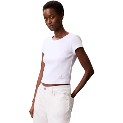 Abbildung von Calvin Klein Damen T Shirt Kurzarm Woven Label Rib Baby Tee mit Rundhalsausschnitt, Weiß (Brilliant White), XXS