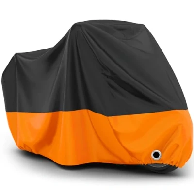 Abbildung von Favoto Motorradabdeckung Outdoor Wasserdicht XXL Motorradgarage Motorrad Abdeckplane Schutzhülle Staubdicht UV Schutz mit Schlossloch Winddichte Schnalle Oxfordstoff Orange Schwarz 245cmx105cmx125cm