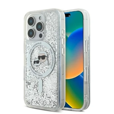 Abbildung von CG MOBILE Karl Lagerfeld Magsafe Liquid Glitter Hard Case mit &amp; Choupette Kopf für iPhone 16 Pro, Fallschutz, Stoßdämpfung, Präzisionsausschnitte, Sparkling Design Transparent