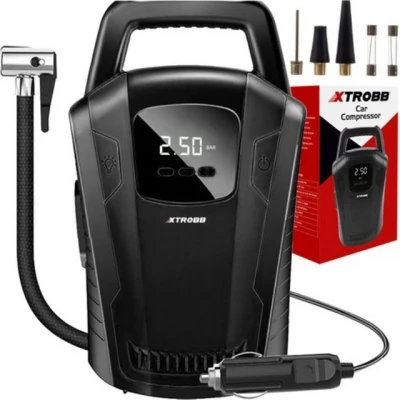 Abbildung von XTROBB Kompressor Turbo Pro: Kompakter Autokompressor mit LCD Anzeige &amp; Taschenlampe, 120 W, max. 10,00 bar, Set, 2 Sicherungen und 3 Pumpspitzen